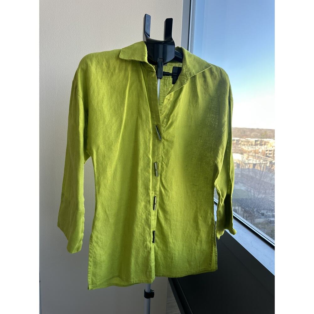 Courtney Washington Shirt Womens Small Green Linen 3/4 Sleeve Tunic Button Up